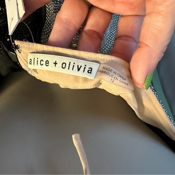 - Alice + Olivia - $795 Ally Metallic Faux Wrap Dress, Black and Silver, Size 12 - Picture 13 of 16